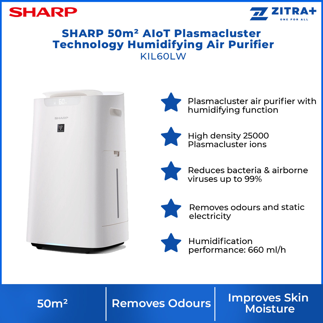 SHARP 50m² AIoT Plasmacluster Technology Humidifying Air Purifier KIL60LW | Ion Technology | Humidification | Intelligent Mode | Auto Mode | Air Purifier with 1 Year Warranty