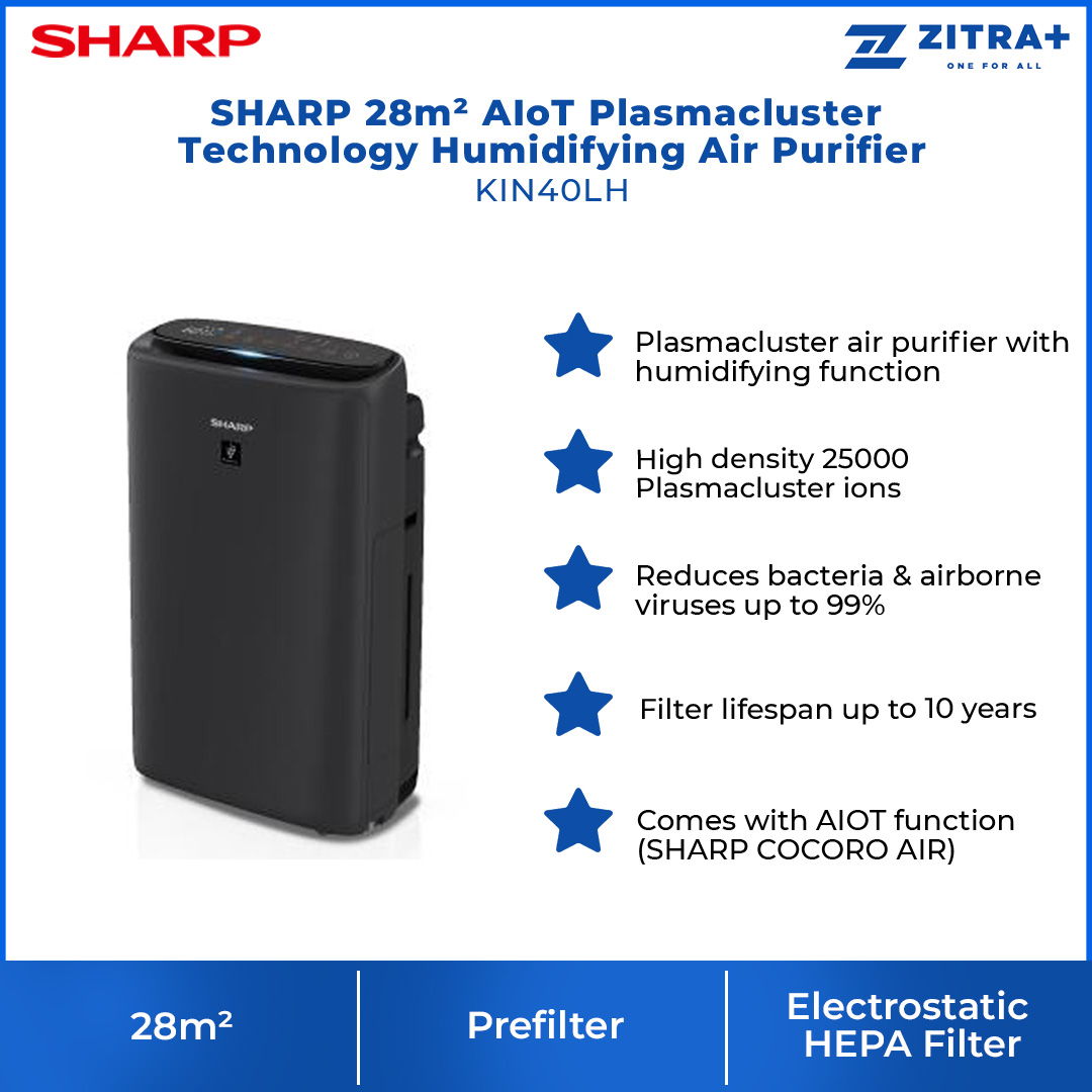 SHARP 28m² AIoT Plasmacluster Technology Humidifying Air Purifier KIN40LH | Ion Technology | Humidification | Intelligent Mode | Auto Mode | Air Purifier with 1 Year Warranty