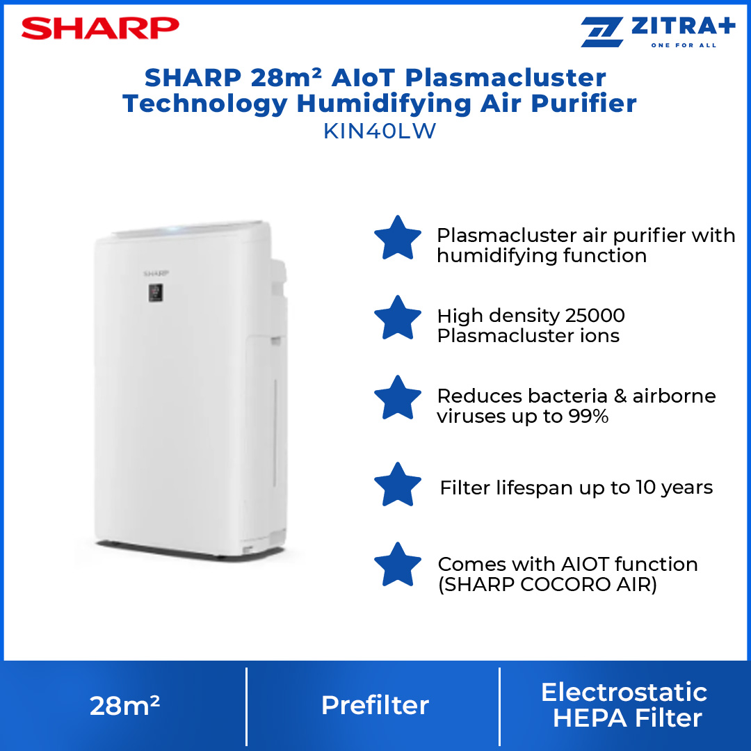 SHARP 28m² AIoT Plasmacluster Technology Humidifying Air Purifier KIN40LW | Ion Technology | Humidification | Intelligent Mode | Auto Mode | Air Purifier with 1 Year Warranty