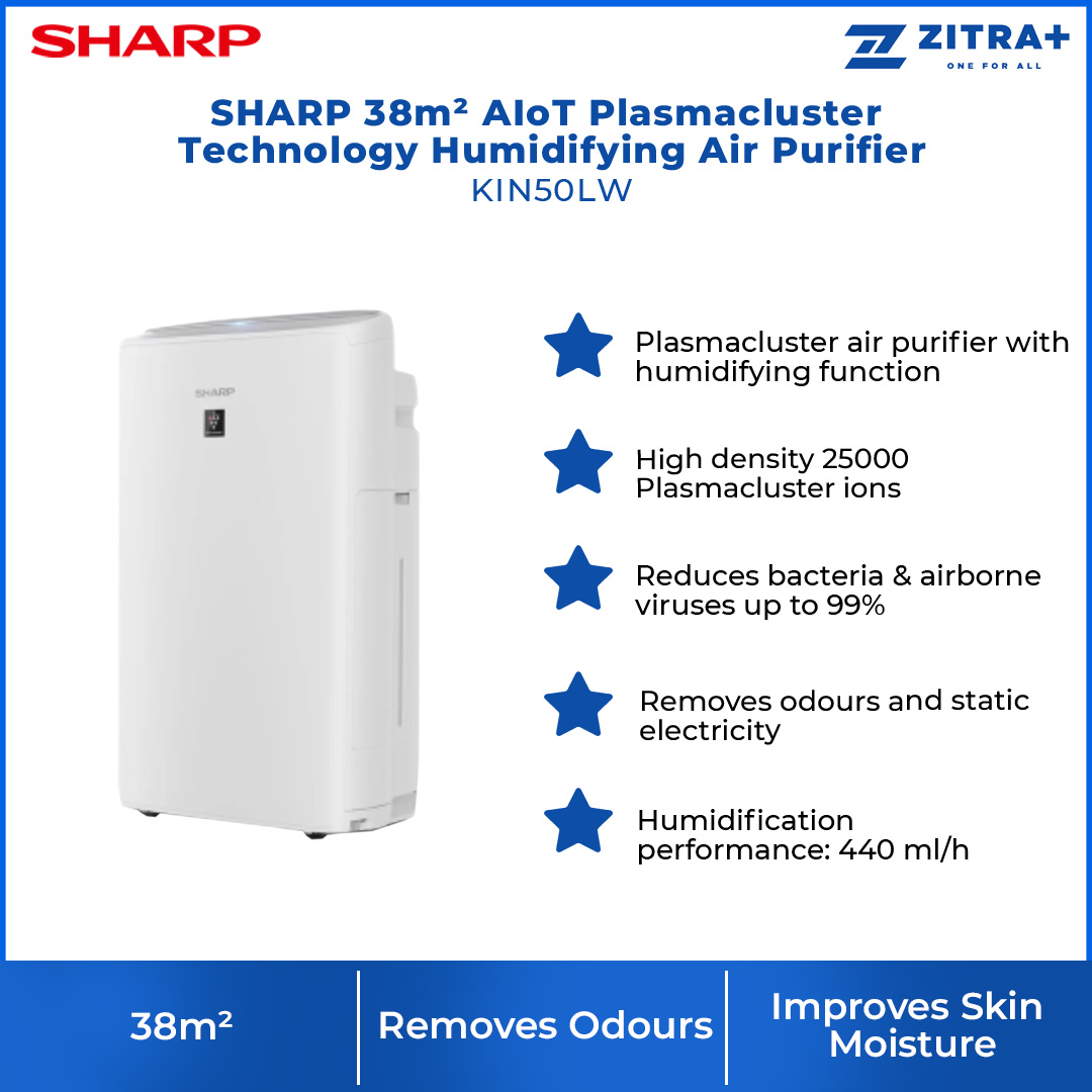 SHARP 38m² AIoT Plasmacluster Technology Humidifying Air Purifier KIN50LW | Ion Technology | Humidification | Intelligent Mode | Auto Mode | Air Purifier with 1 Year Warranty