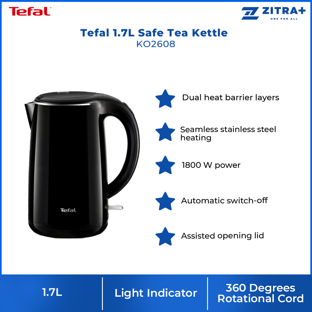 Tefal 1.7L Safe Tea Kettle KO2608 | 1800W Power | Cordless | Automatic Switch Off | Dual Heat Barrier Layers Protection | Kettle with 2 Year Warranty
