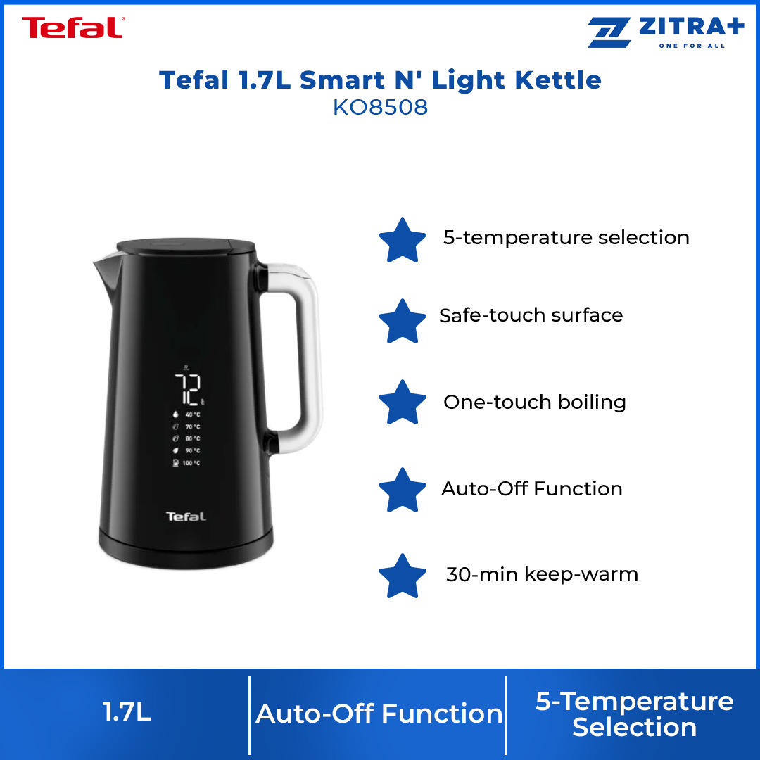 Tefal 1.7L Smart N' Light Kettle KO8508 | 1800W Power | 5-Temperature Selection | Safe-Touch Surface | One-Touch Boiling | Kettle with 2 Year Warranty