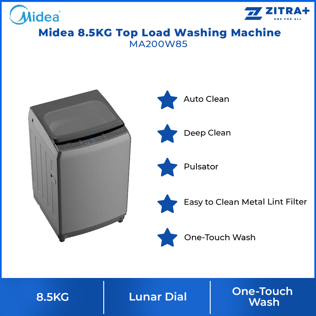 Midea 8.5KG Top Load Washing Machine MA200W85 | Ergo Design | Soft Close Lid | Auto Stop | Child Lock | Turbo | Washing Machine with 2 Year Warranty
