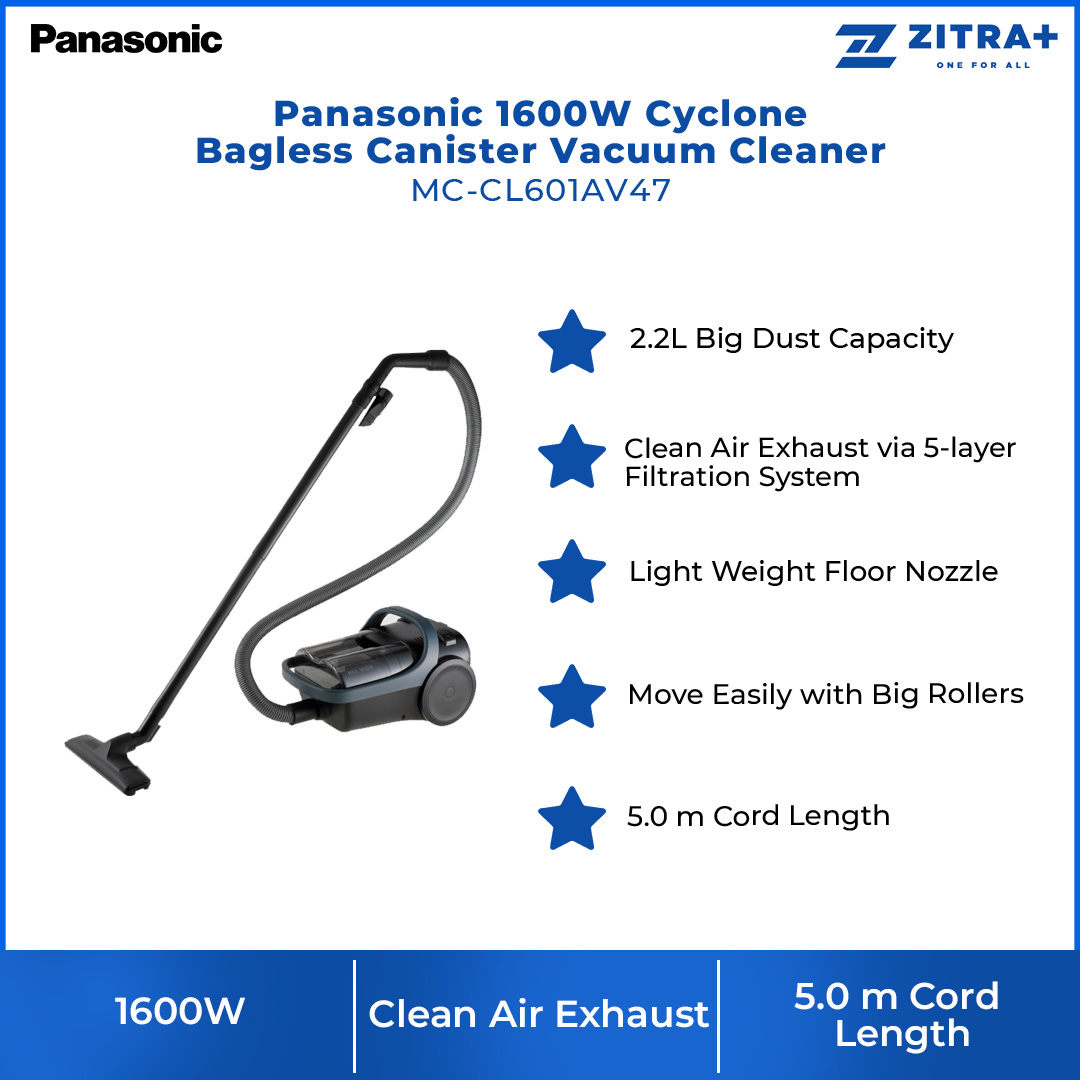 Panasonic 1600W Cyclone Bagless Canister Vacuum Cleaner MC-CL601AV47 | Advanced 5-layer Filtration System | Dual Handle | Vacuum with 1 Year Warranty
