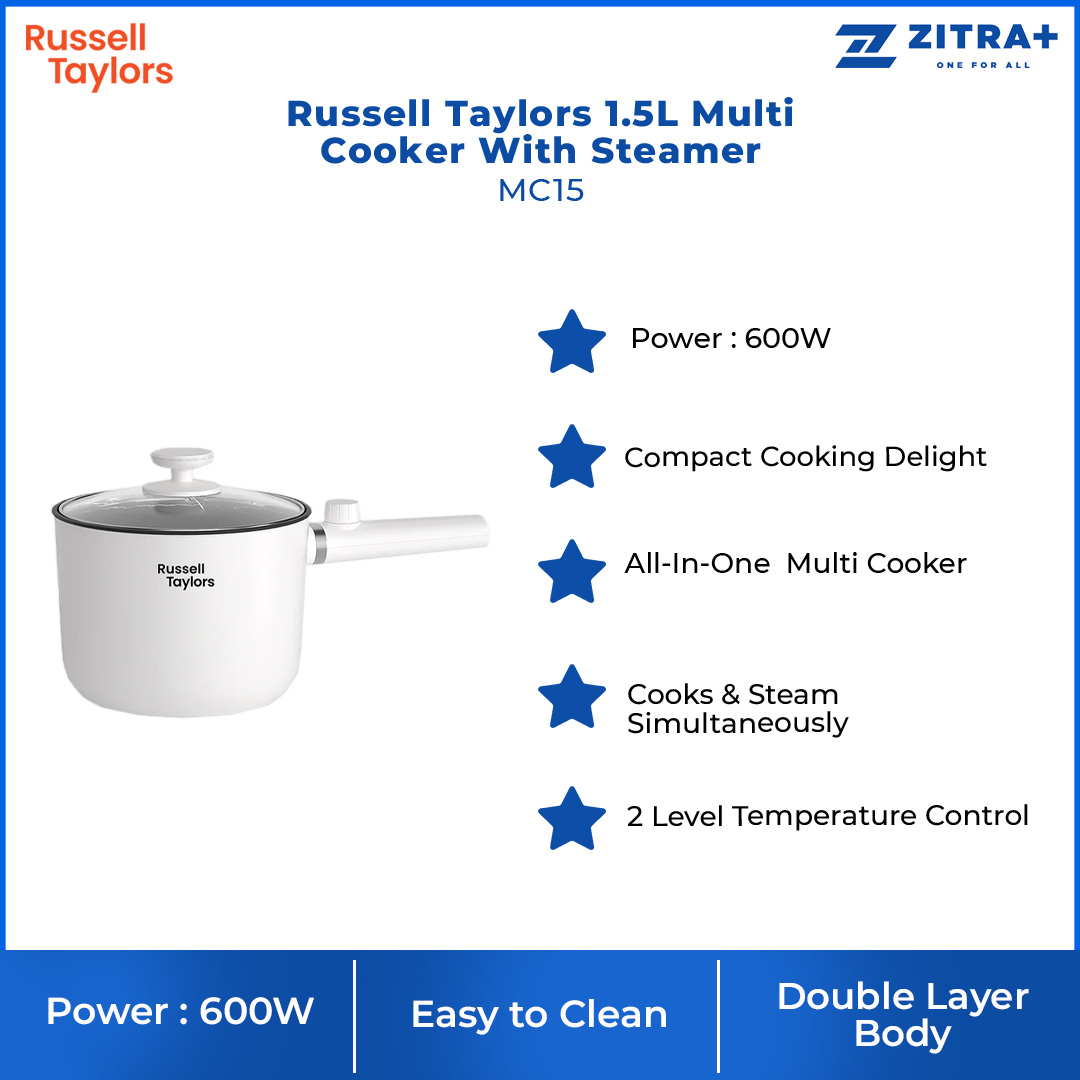 Russell Taylors 1.5L Multi Cooker With Steamer MC15 | 600W Power | 2 Level Temperature Control | Transparent Lid | Cooker with 2 Year Warranty