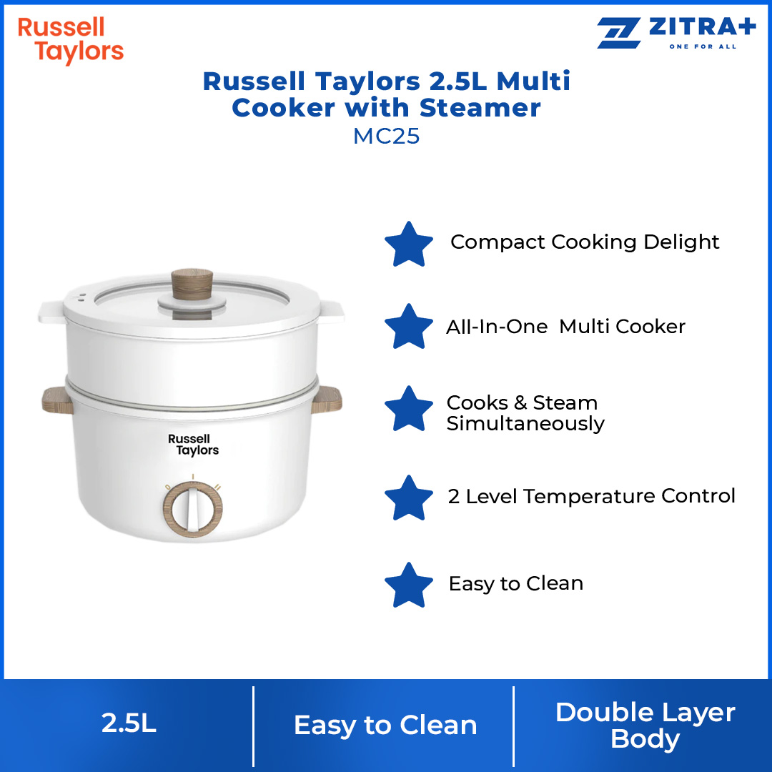 Russell Taylors 2.5L Multi Cooker with Steamer MC25 | 700W Power | All-In-One Multi Cooker | 2 Level Temperature Control | Cooker with 2 Year Warranty
