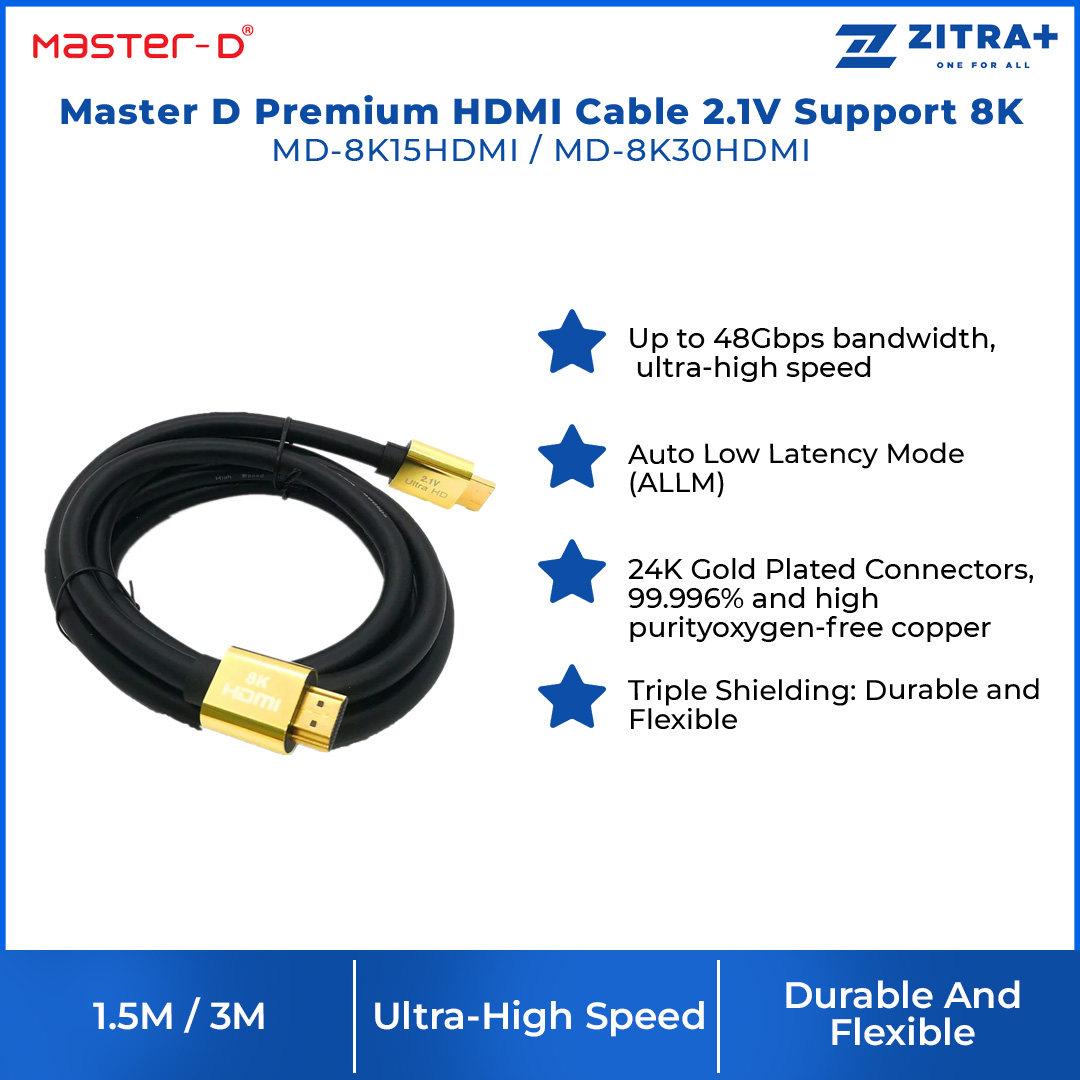 Master D 1.5m/3m Premium HDMI Cable 2.1V Support 8K | MD-8K15HDMI / MD-8K30HDMI | 2.1 Version | Hi-Fi Enthusiast