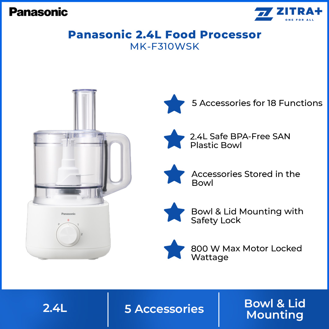 Panasonic 2.4L Food Processor MK-F310WSK | 5 Accessories for 18 Functions | High Low Pulse | Limited Size Hole | Food Processor with 1 Year Warranty