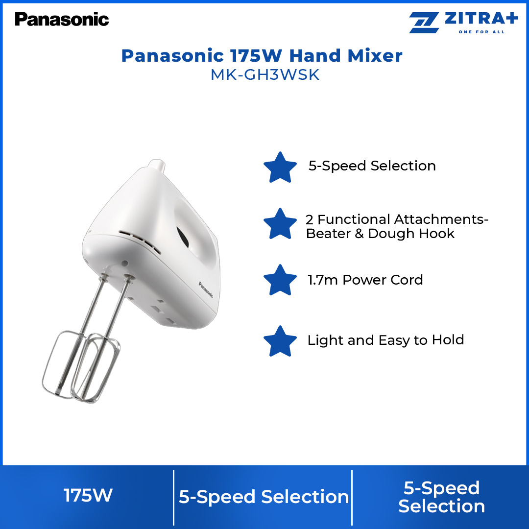 Panasonic 175W Hand Mixer MK-GH3WSK | 5-Speed Selection | 2 Functional Attachments | Light and Easy to Hold | Hand Mixer with 1 Year Warranty