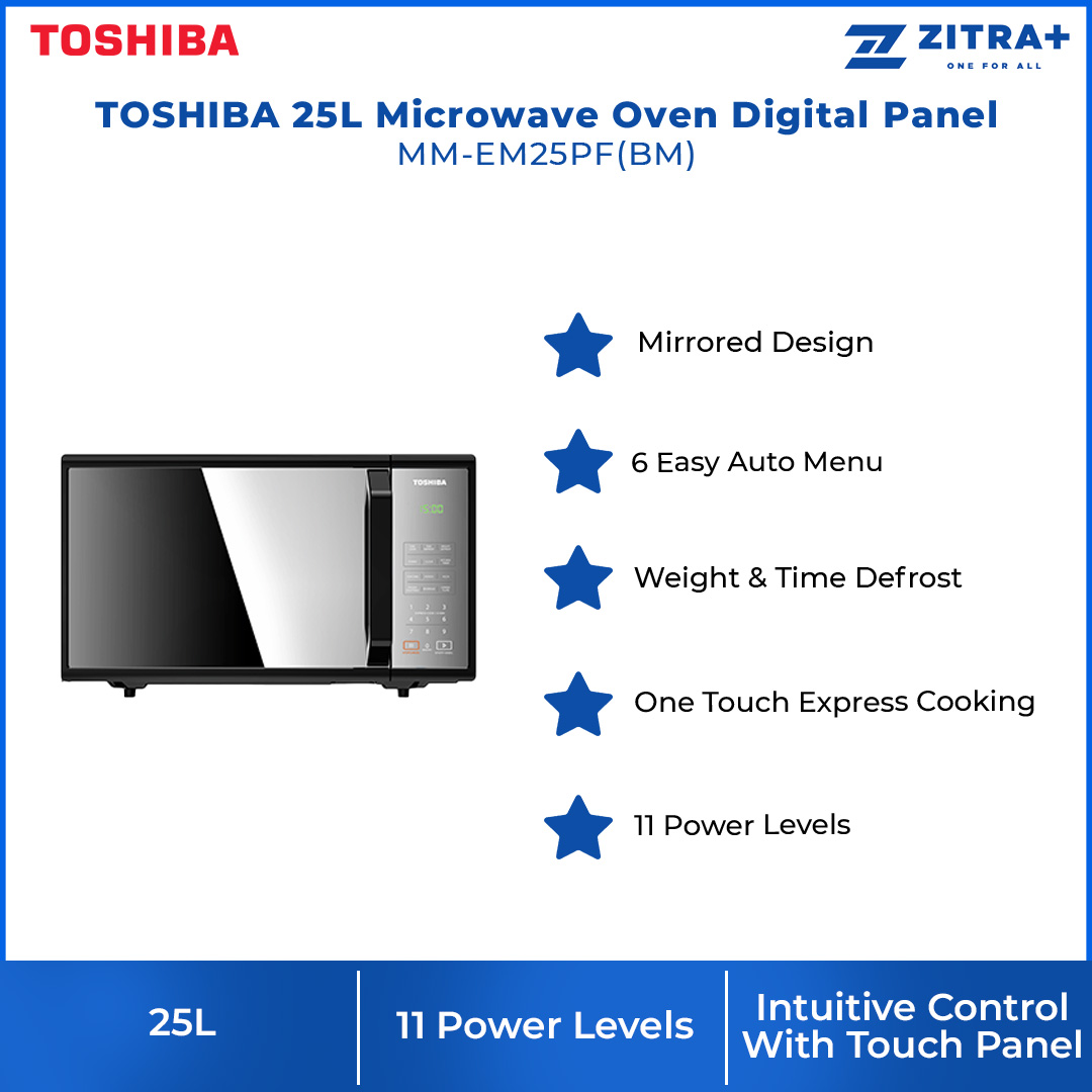 TOSHIBA 25L Microwave Oven Digital Panel MM-EM25PF(BM) | 6 Easy Auto Menu | One Touch Express Cooking | 11 Power Levels | Microwave Oven with 1 Year Warranty