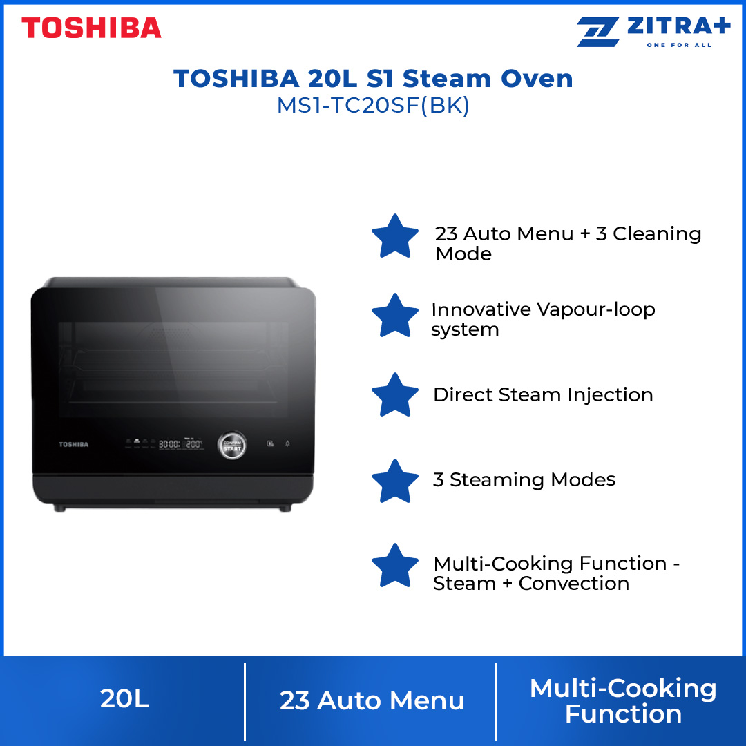 TOSHIBA 20L S1 Steam Oven MS1-TC20SF(BK) | 23 Auto Menu + 3 Cleaning Mode | Innovative Vapour-Loop System | Direct Steam Injection | 3 Steaming Modes | Steam Oven with 1 Year Warranty