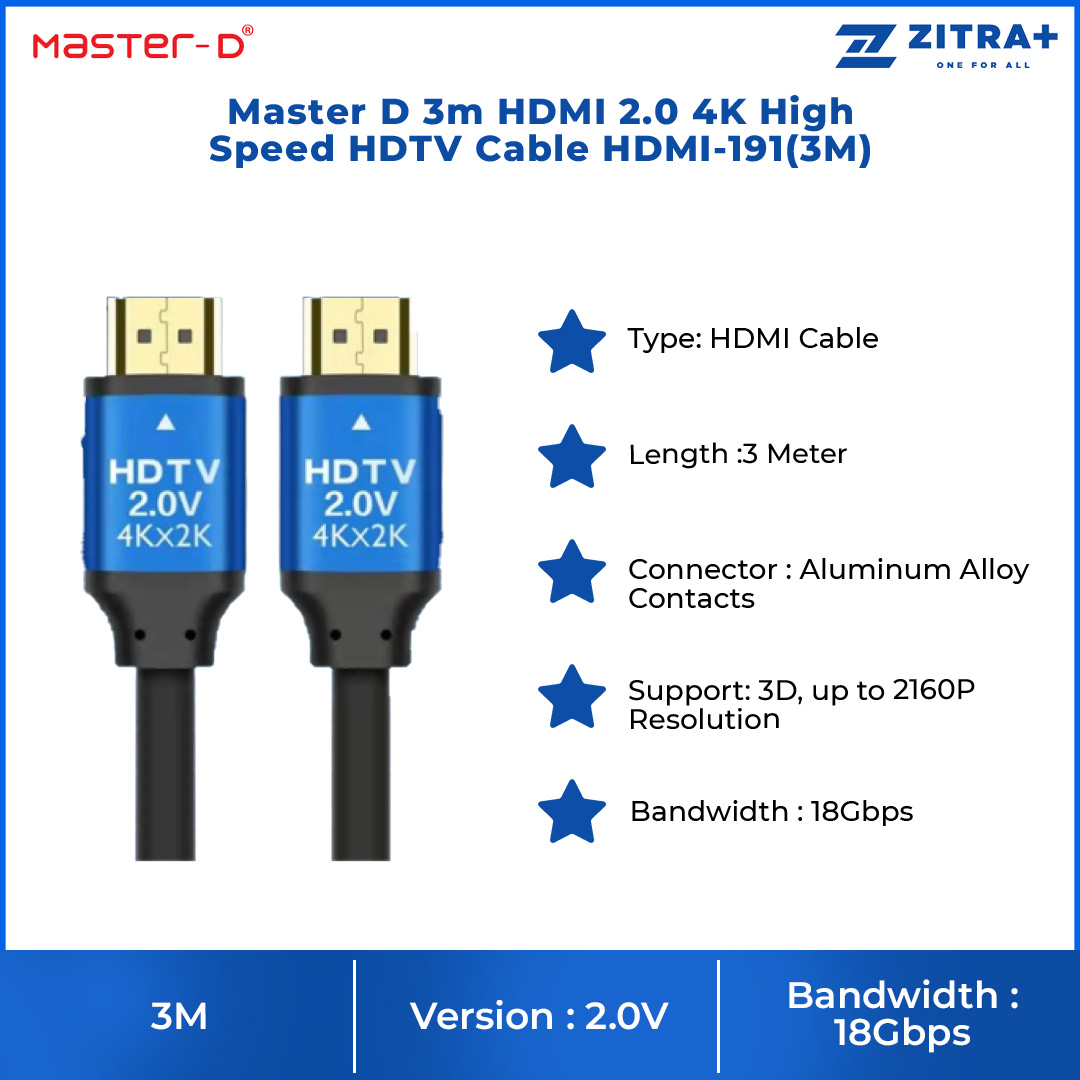Master D 3m HDMI 2.0 4K High Speed HDTV Cable HDMI-191(3M) | Support: 3D, Up to 2160P Resolution | HDR Display | ARC