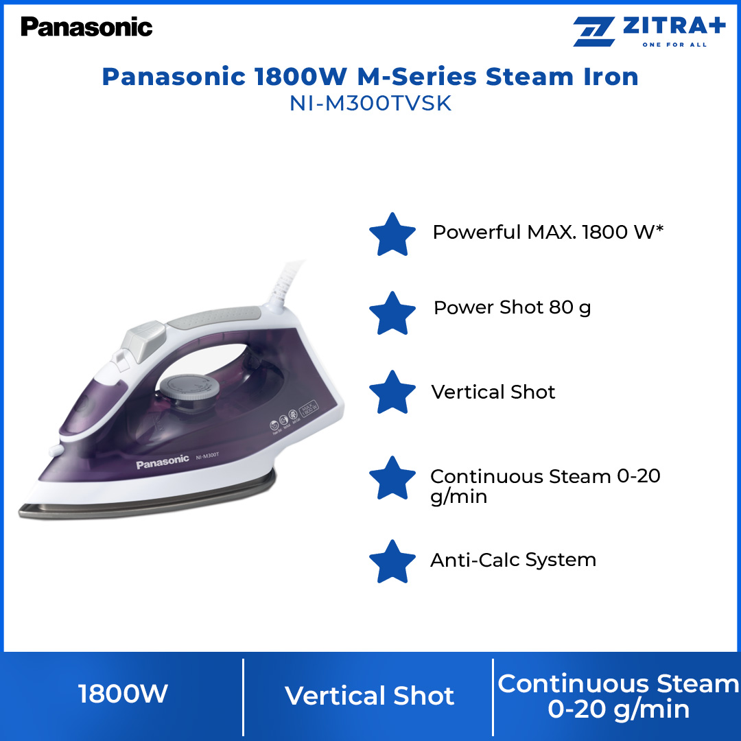 Panasonic 1800W M-Series Steam Iron NI-M300TVSK | Vertical Shot | Continuous Steam 0-20g/min | Anti-Calc System | Spray | Steam Iron with 1 Year Warranty
