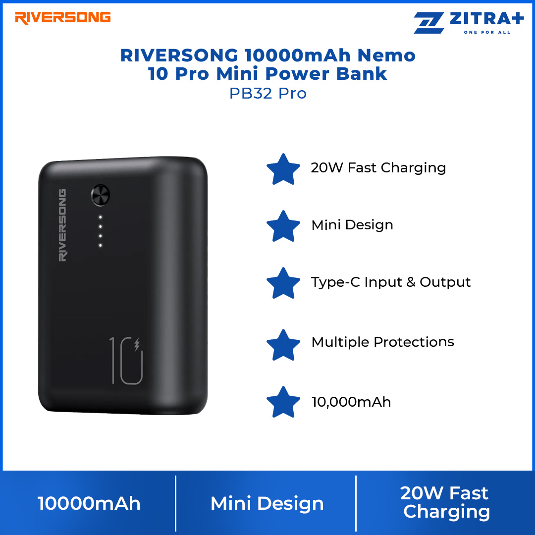 RIVERSONG 10000mAh Nemo 10 Pro Mini Power Bank PB32 Pro | 20W Fast Charging | Type-C Two-Way Input & Output | Power Bank with 1 Year Warranty