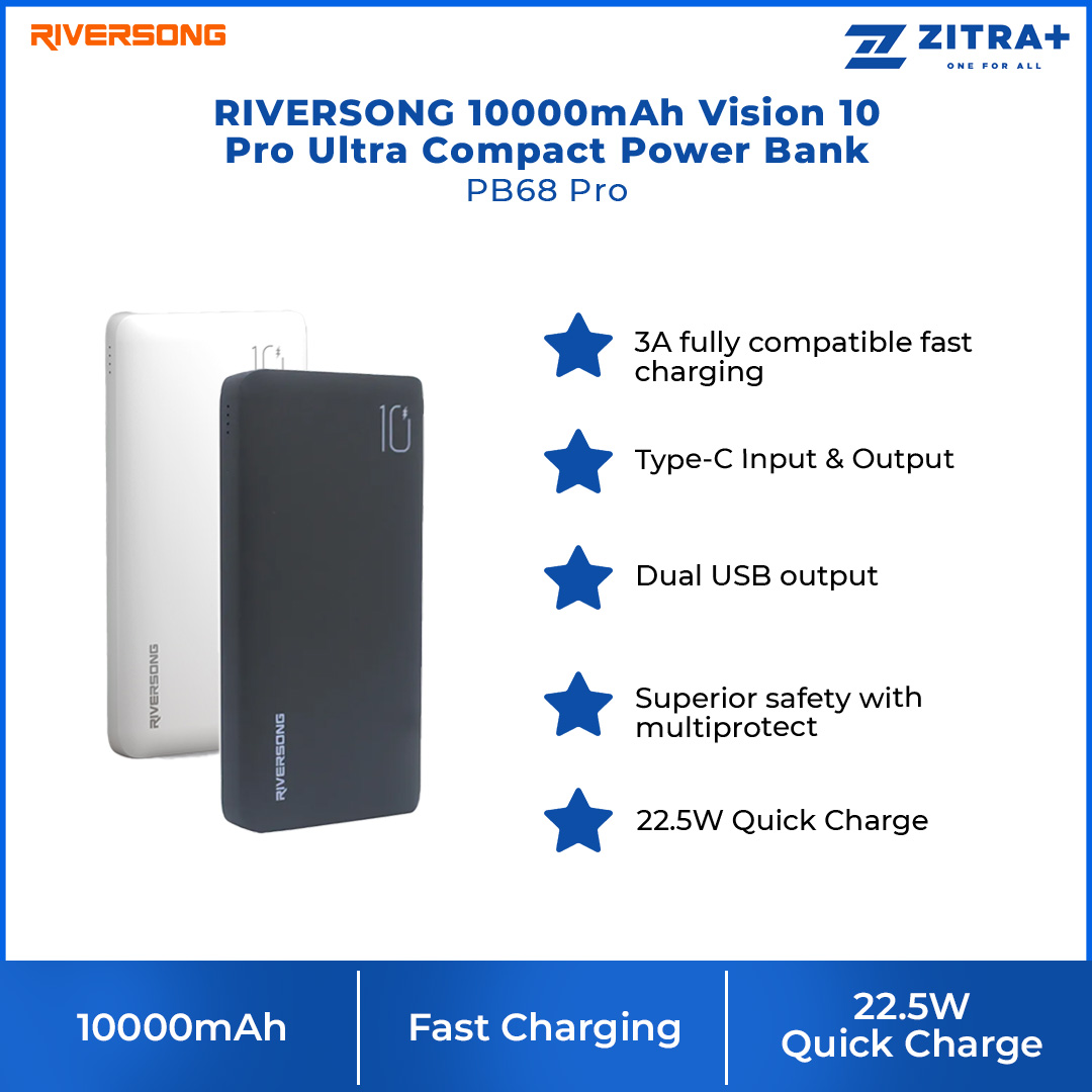RIVERSONG 10000mAh Vision 10 Pro Ultra Compact Power Bank PB68 Pro | 3A Fully Compatible Fast Charging | 22.5W High Speed | Power Bank with 1 Year Warranty