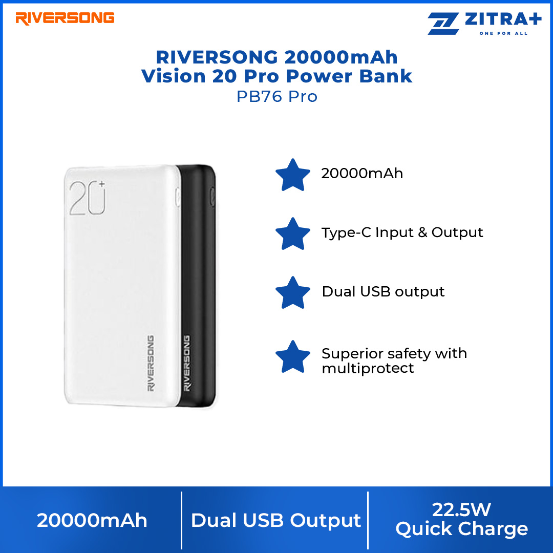RIVERSONG 20000mAh Vision 20 Pro Power Bank PB76 Pro | 22.5w Quick Charge | Dual USB Output | Type C Input & Output | Power Bank with 1 Year Warranty