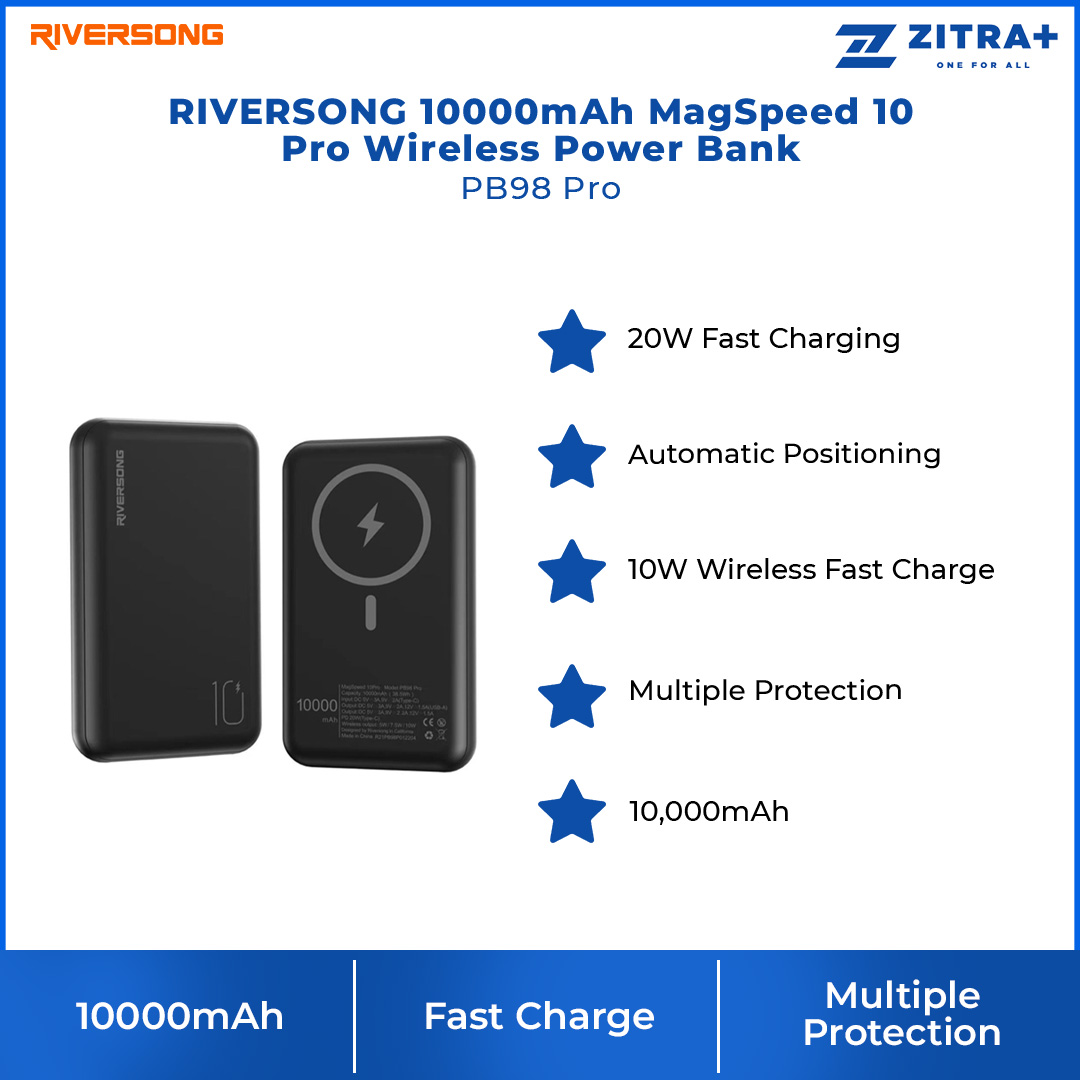 RIVERSONG 10000mAh MagSpeed 10 Pro Wireless Power Bank PB98 Pro | 10W Wireless Fast Charge | 20W Fast Charging | Power Bank with 1 Year Warranty