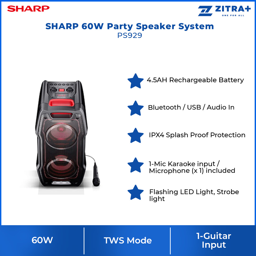 SHARP 60W Party Speaker System PS929 | Bluetooth | USB | Audio In | TWS Mode | USB Playback | 4.5AH Rechargeable Battery | Speaker with 1 Year Warranty