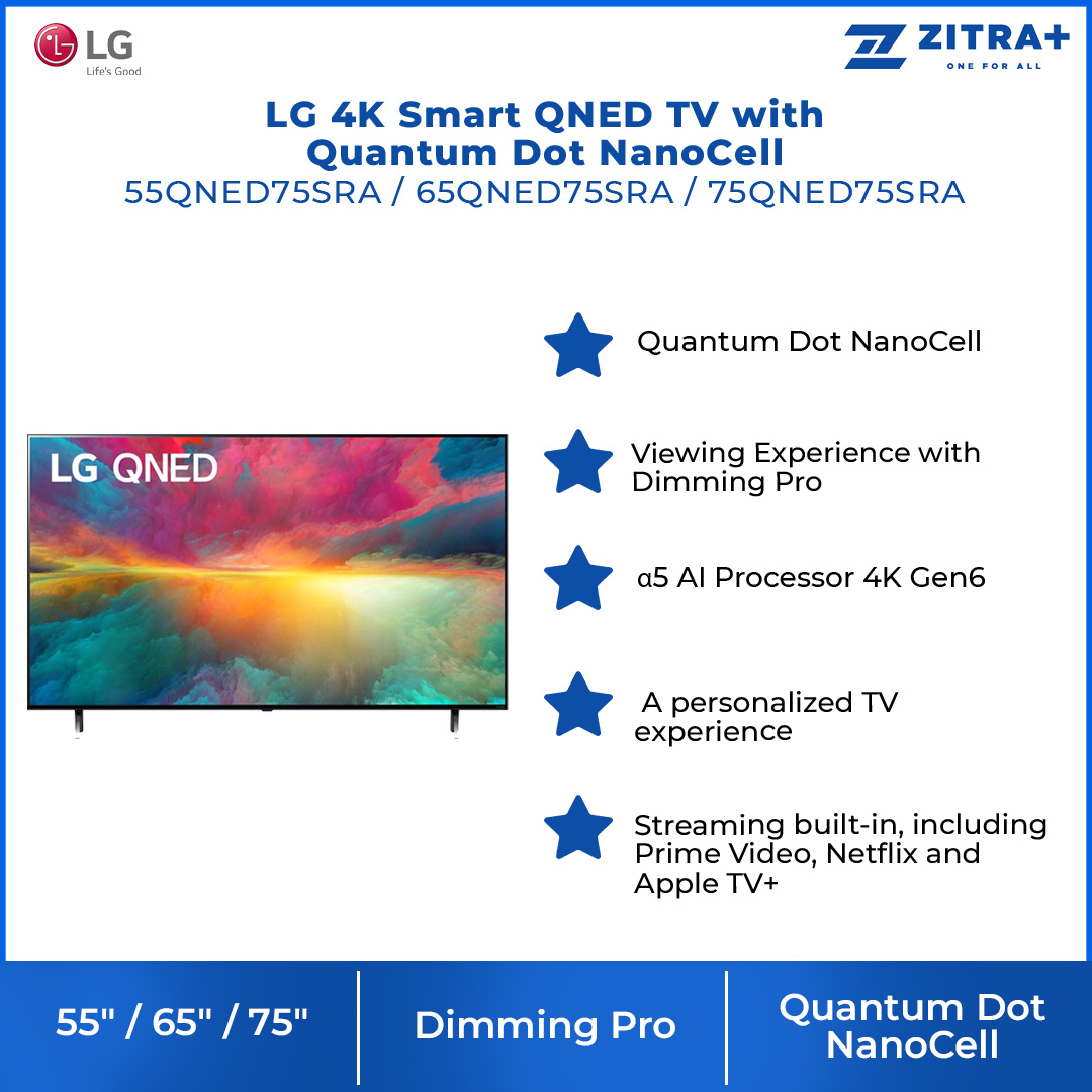 LG 4K 55"/65"/75" Smart QNED TV with Quantum Dot NanoCell QNED75 | 55QNED75SRA/65QNED75SRA / 75QNED75SRA | ThinQ AI | Smart TV with 2 Year Warranty