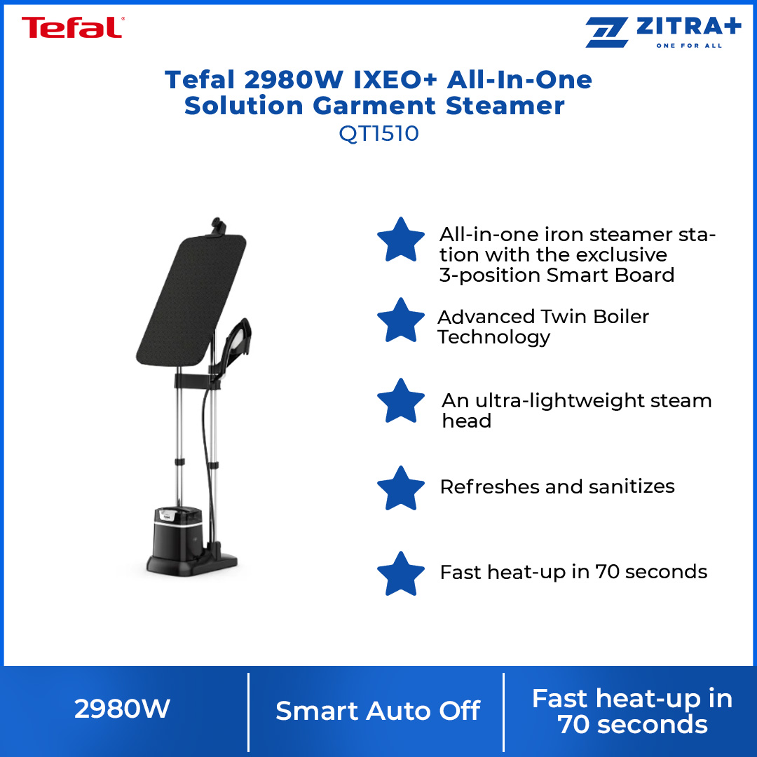 Tefal 2980W IXEO+ All-In-One Solution Garment Steamer QT1510 | Auto-Off | Steam Ready Indicator | Fast Heat-up in 70 Seconds | Garment Steamer with 2 Year Warranty