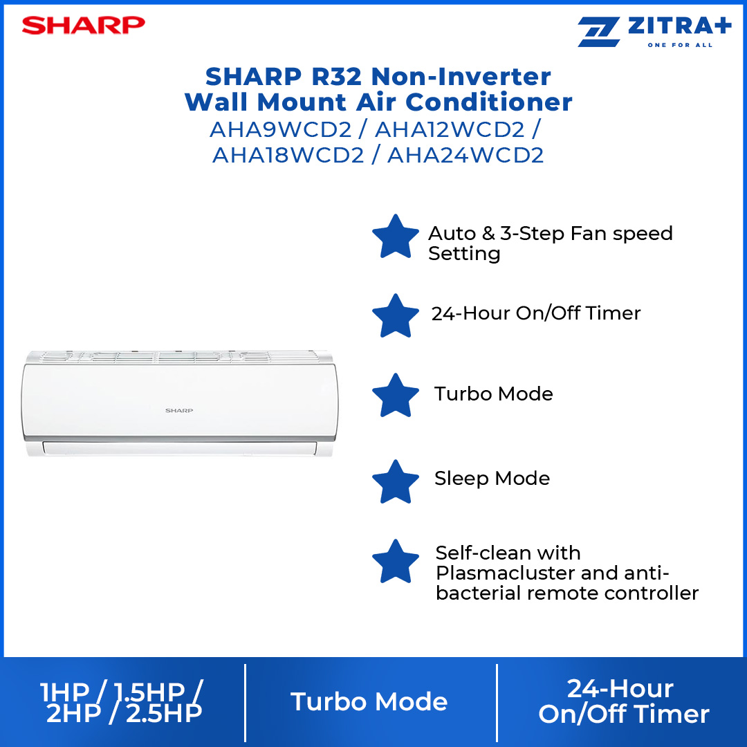 SHARP 1.0HP/1.5HP/2.0HP/2.5HP R32 Non-Inverter Wall Mount Air Conditioner | Auto & 3-Step Fan speed Setting | 24-Hour On/Off Timer | Turbo Mode | Sleep Mode | Air Conditioners with 1 Year Warranty