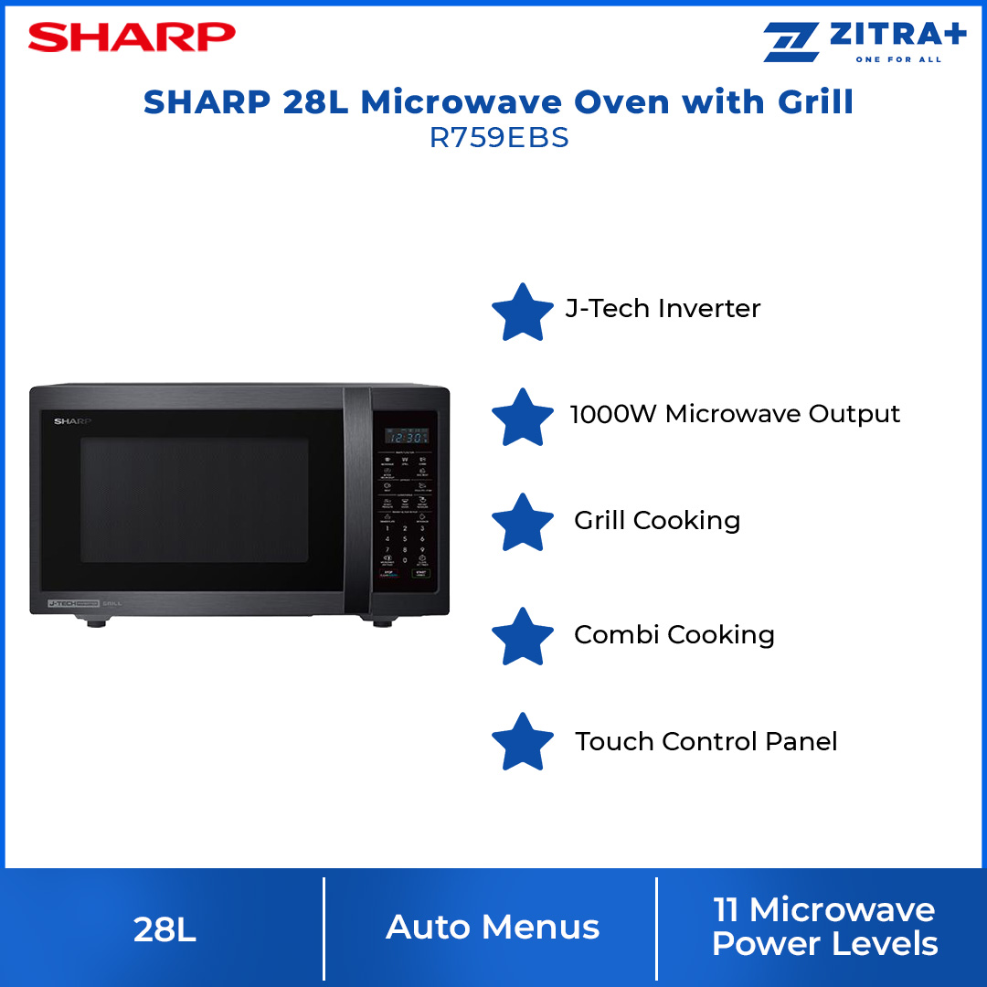 SHARP 28L Microwave Oven with Grill R759EBS | Auto Menu | Auto Defrost | Kitchen Timer | Child Lock | Energy Save Mode | Microwave Oven with 1 Year Warranty