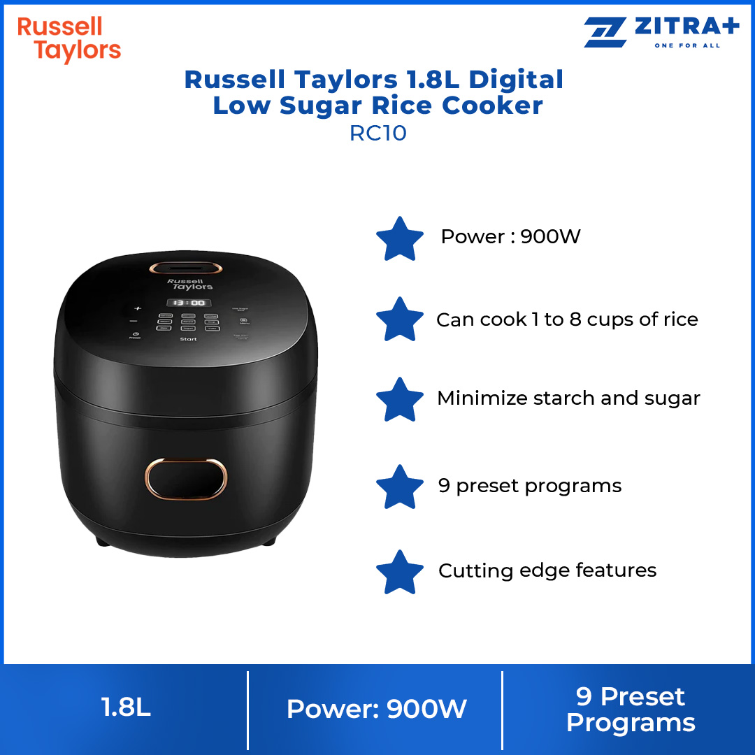 Russell Taylors 1.8L Digital Low Sugar Rice Cooker RC10 | 900W Power | 9 Preset Programs | Cutting Edge Features | Cooker with 2 Year Warranty