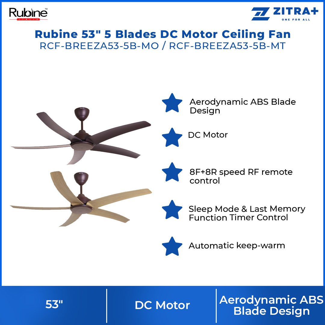 Rubine 53" 5 Blades DC Motor Ceiling Fan | RCF-BREEZA53-5B-MO / RCF-BREEZA53-5B-MT | 8F+8R Speed RF Remote Control | Turbo Speed | Ceiling Fan with 1 Year Warranty