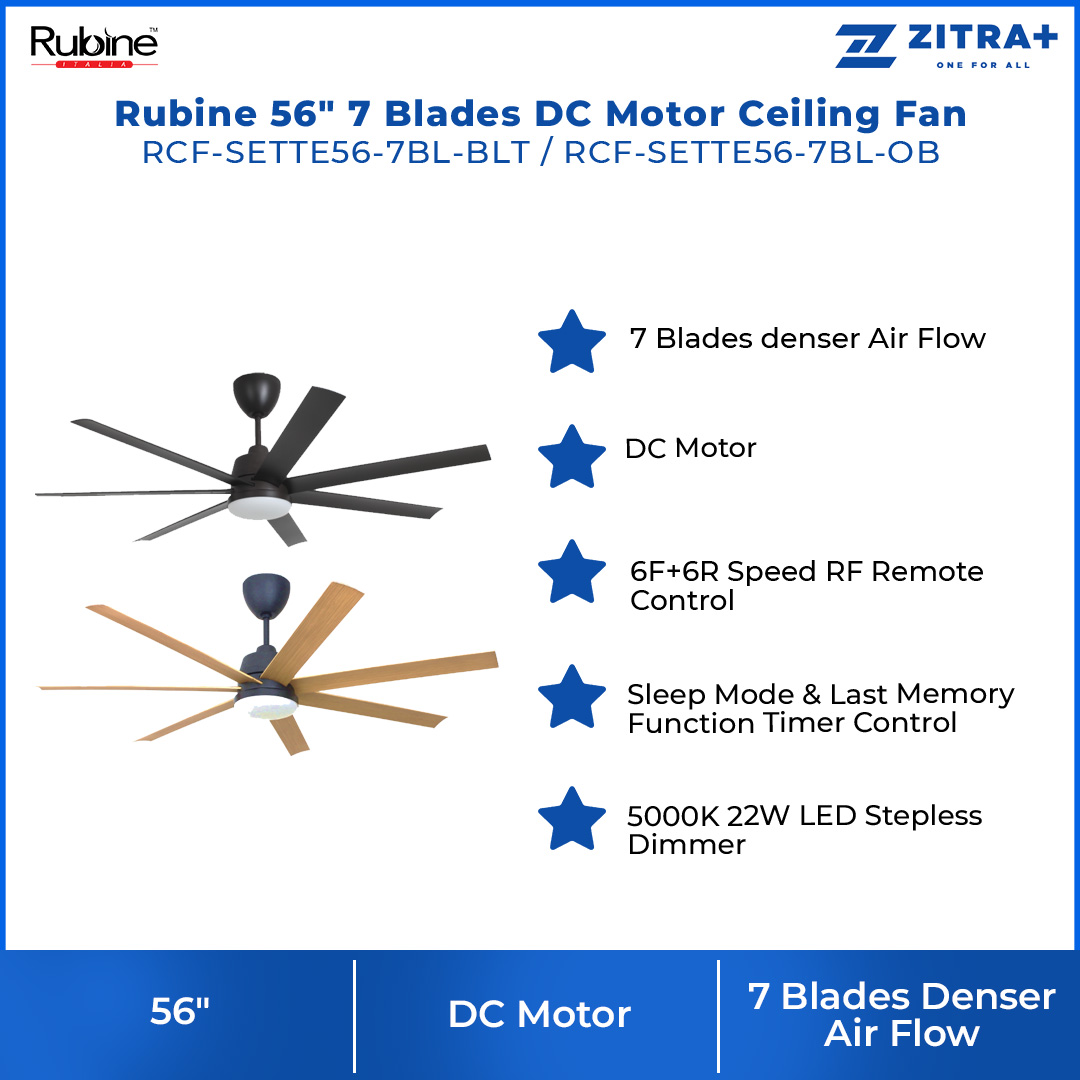 Rubine 56" 7 Blades DC Motor Ceiling Fan | RCF-SETTE56-7BL-BLT / RCF-SETTE56-7BL-OB | 6F+6R Speed RF Remote Control | 7 Blades Denser Air Flow | 22W Tri-Color LED | Ceiling Fan with 1 Year Warranty