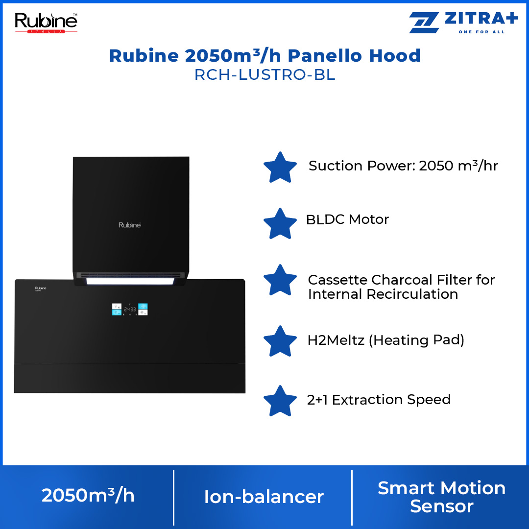Rubine 2050m³/h Panello Hood RCH-LUSTRO-BL | 2+1 Extraction Speed | Cool-Breeze | Air Exchange | Smart Motion Sensor | Hood with 1.5 Year Warranty