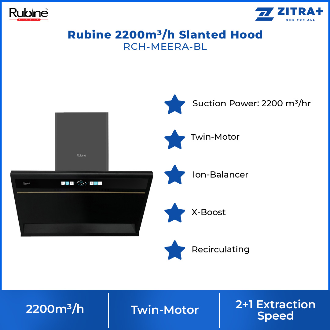 Rubine 2200m³/h Slanted Hood RCH-MEERA-BL | 2+1 Extraction Speed | Twin-Motor | Cool-Breeze | Hood with 1.5 Year Warranty
