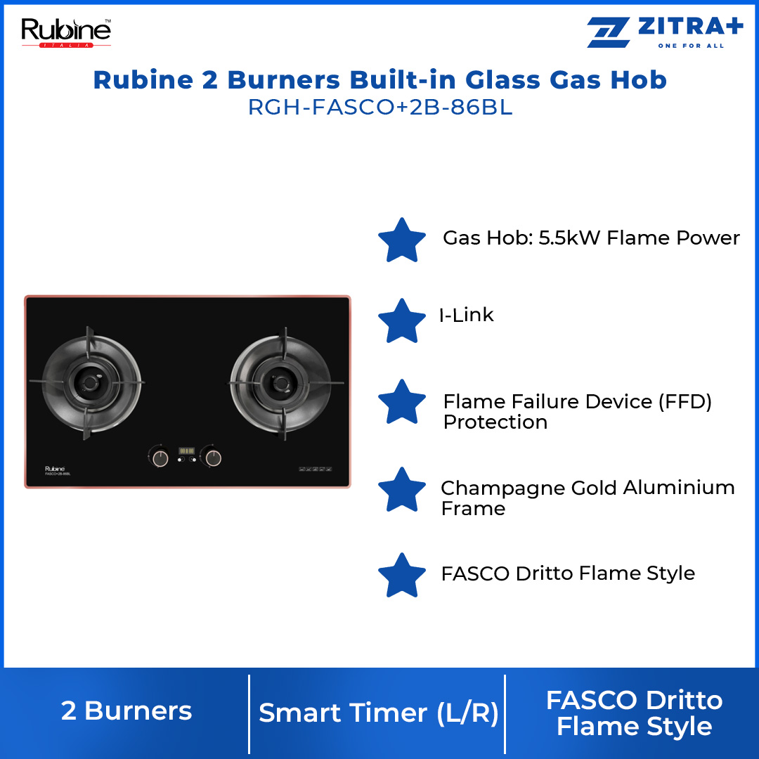 Rubine 2 Burners Built-in Glass Gas Hob RGH-FASCO+2B-86BL | 5.5kW Flame Power | FASCO Dritto Flame Style | I-Link | Hob with 1.5 Year Warranty