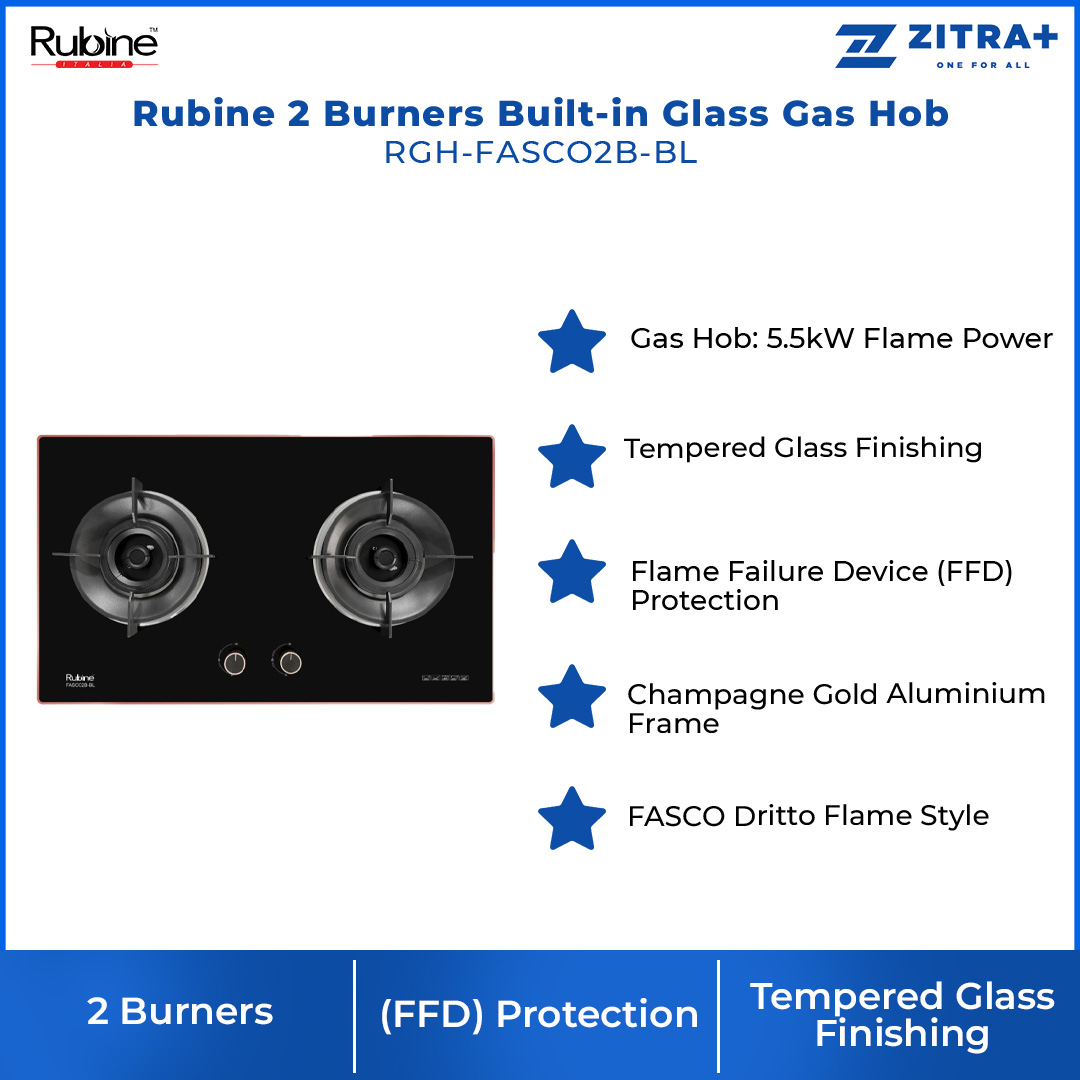 Rubine 2 Burners Built-in Glass Gas Hob RGH-FASCO2B  | 5.5kW Flame Power | FASCO Dritto Flame Style | Concentra Pan Support | Hood with 1.5 Year Warranty