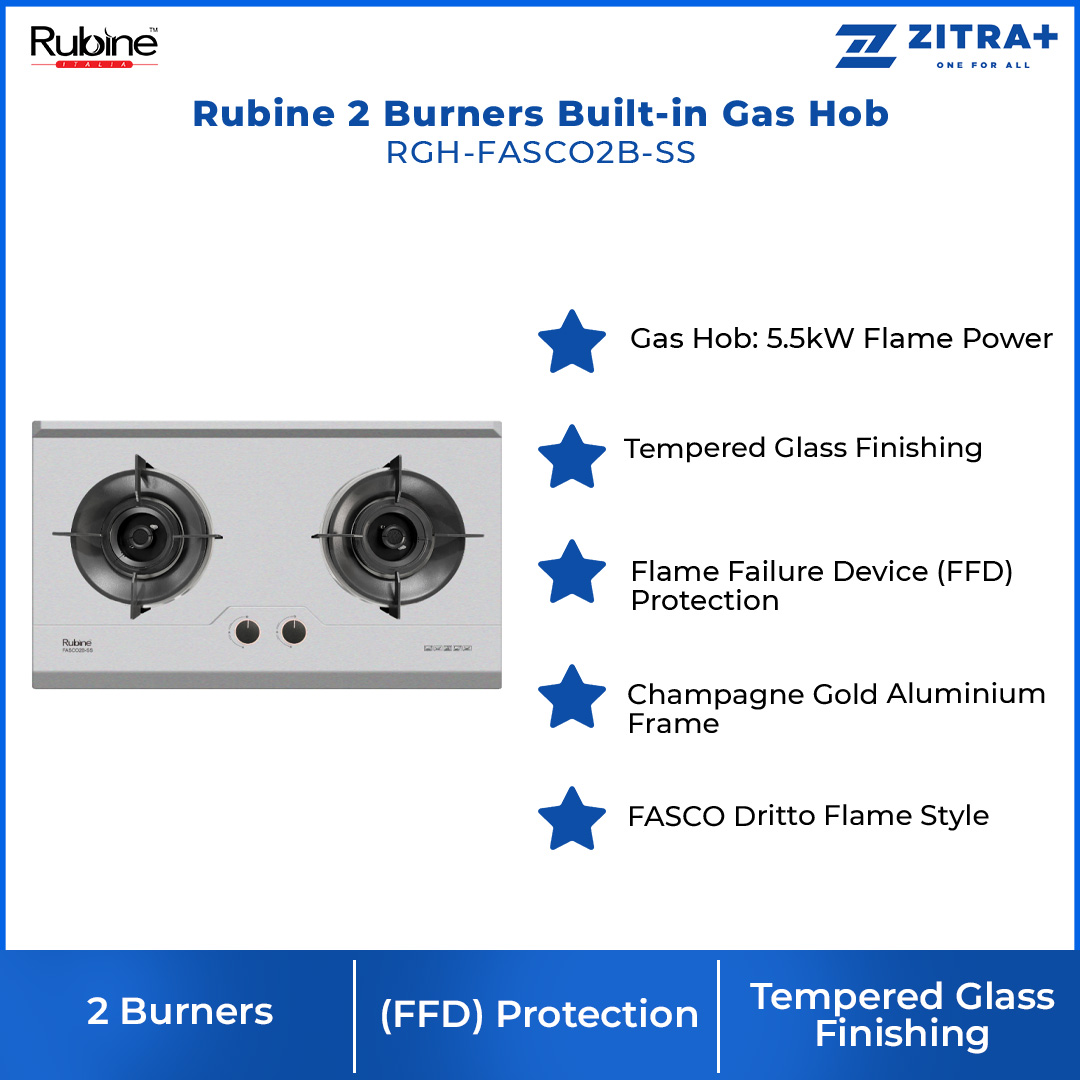 Rubine 2 Burners Built-in Gas Hob RGH-FASCO2B-SS | 5.5kW Flame Power | Battery Ignition | Hob with 1.5 Year Warranty
