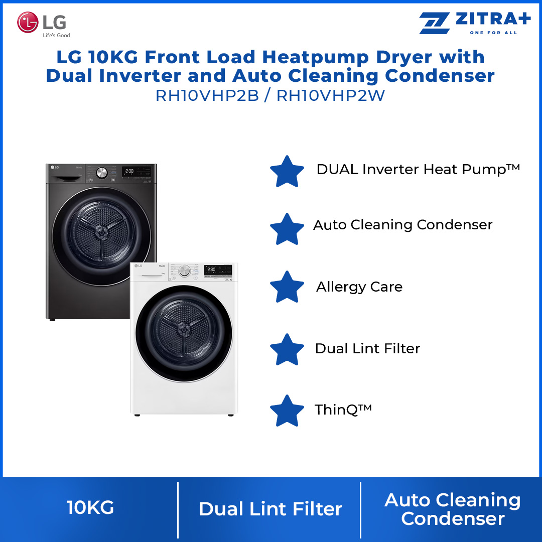 LG 10KG Front Load Heatpump Dryer with Dual Inverter and Auto Cleaning Condenser | RH10VHP2B / RH10VHP2W | Smart Pairing | Allergy Care | Dual Lint Filter | Heatpump Dryer with 1 Year Warranty