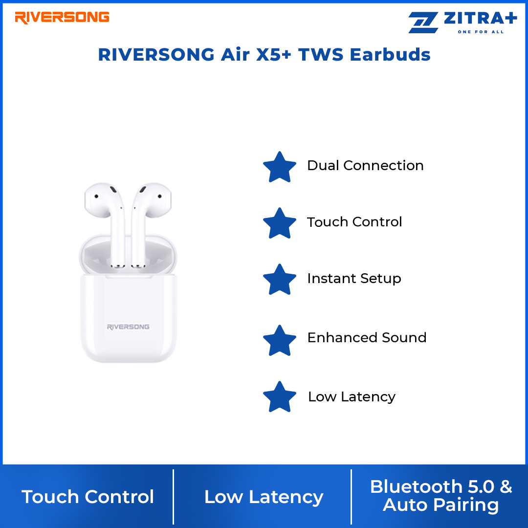RIVERSONG Air X5+ TWS Earbuds | Bluetooth 5.0 | Smart Touch | 10m Connection Distance | 3-4 Hours Full Charged | Earbud with 1 Year Warranty