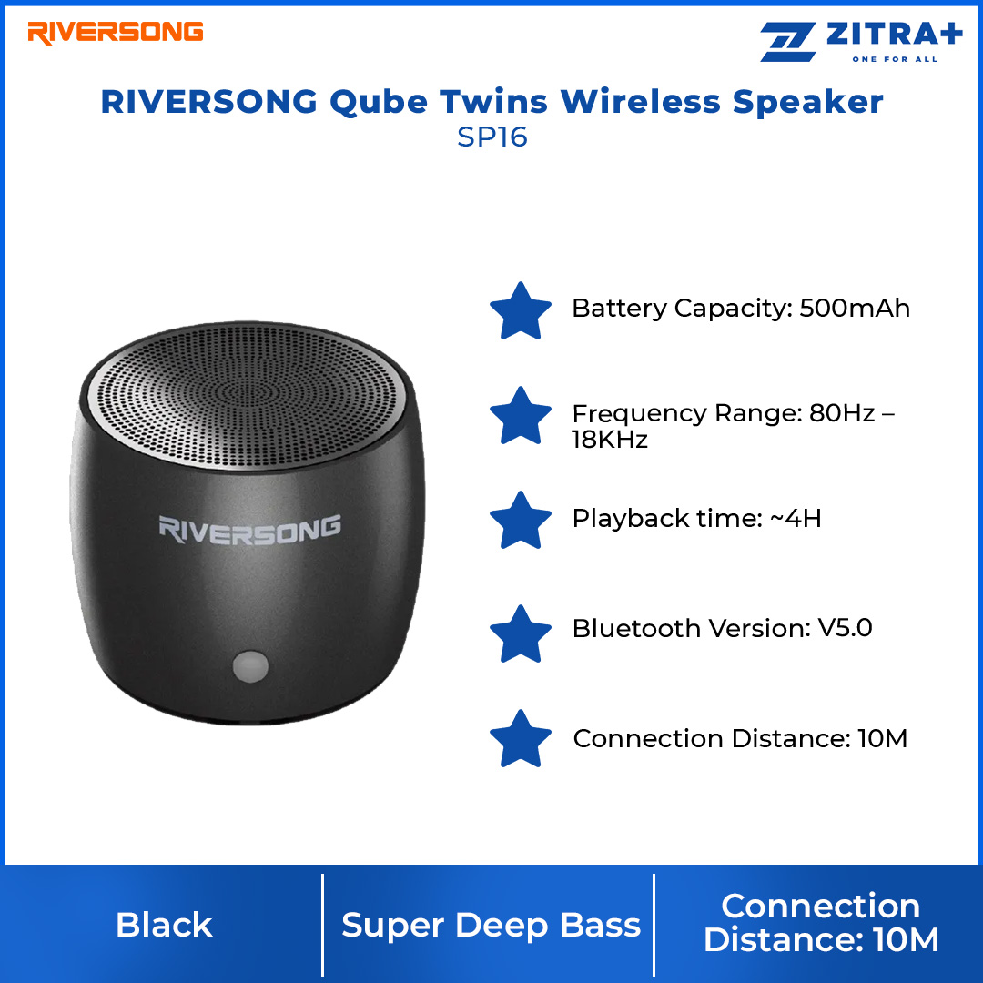 RIVERSONG Qube Twins Wireless Speaker SP16 | Super Deep Bass | Metal Cavity | Small and Portable | Wireless Speaker | Speaker with 1 Year Warranty