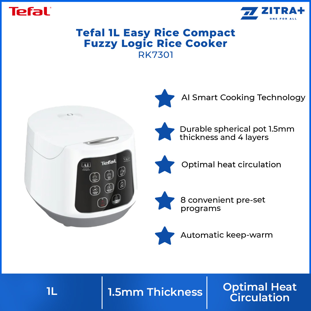 Tefal 1L Easy Rice Compact Fuzzy Logic Rice Cooker RK7301| AI Smart Cooking Technology | Optimal Heat Circulation | 8 Convenient Pre-set Programs | Cooker with 2 Year Warranty