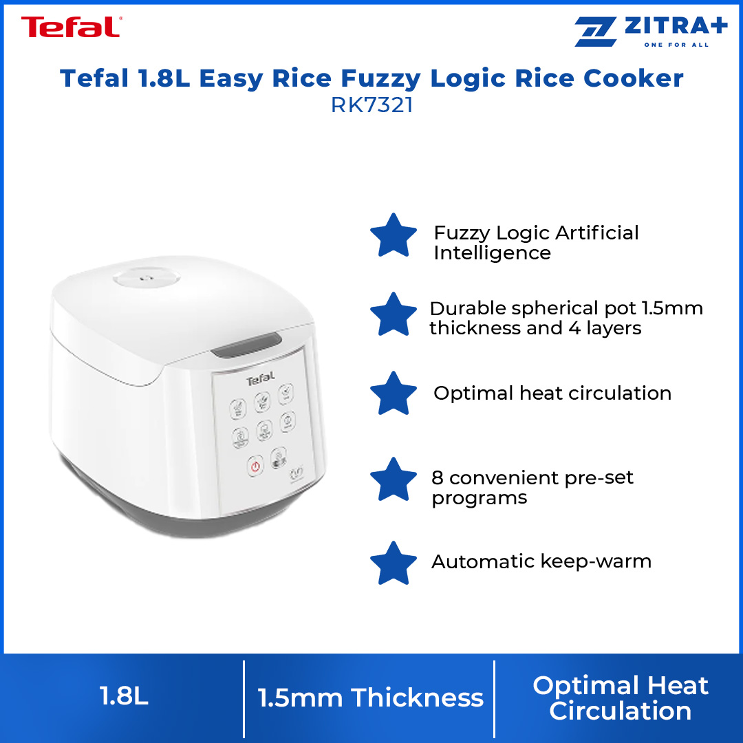 Tefal 1.8L Easy Rice Fuzzy Logic Rice Cooker RK7321 | Reheat | Control Panel | Steam Basket | Keep Warm | Removable Cord | Rice Cooker with 2 Year Warranty