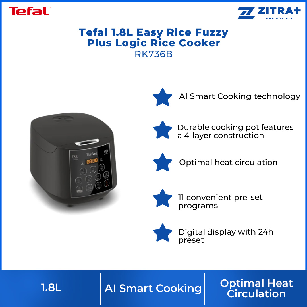 Tefal 1.8L Easy Rice Fuzzy Plus Logic Rice Cooker RK736B | 750W Power | Reheat | Control Panel | Display Timer | Rice Cooker with 2 Year Warranty