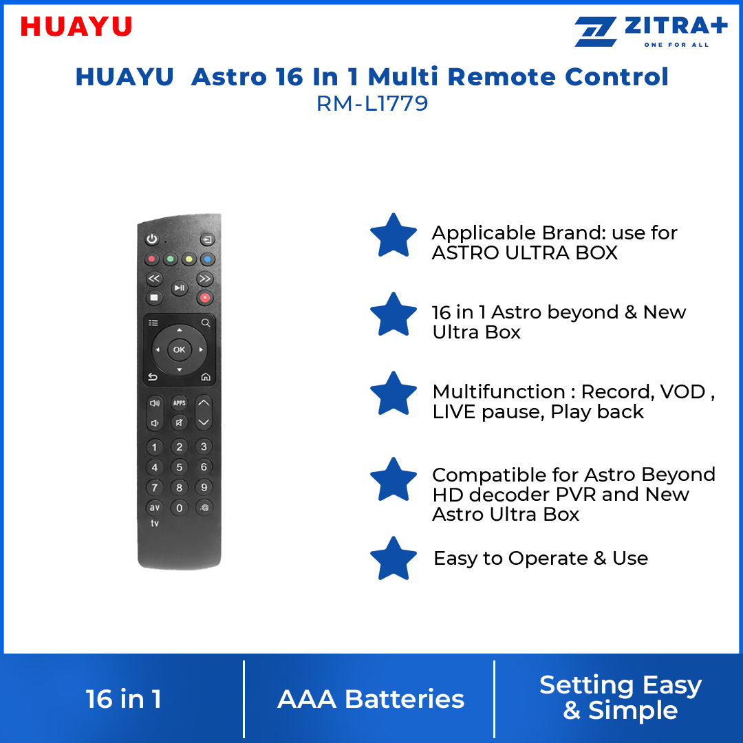 HUAYU Astro 16 In 1 Multi Remote Control RM-L1779 | Multifunction: Record, VOD, LIVE Pause, Play Back | Easy to Operate