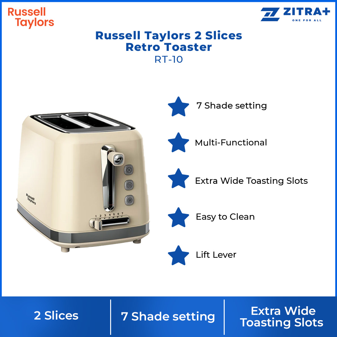 Russell Taylors 2 Slices Retro Toaster RT-10 | 925W Power | Extra Wide Toasting Slots | Multi-Functional | Toaster with 2 Year Warranty
