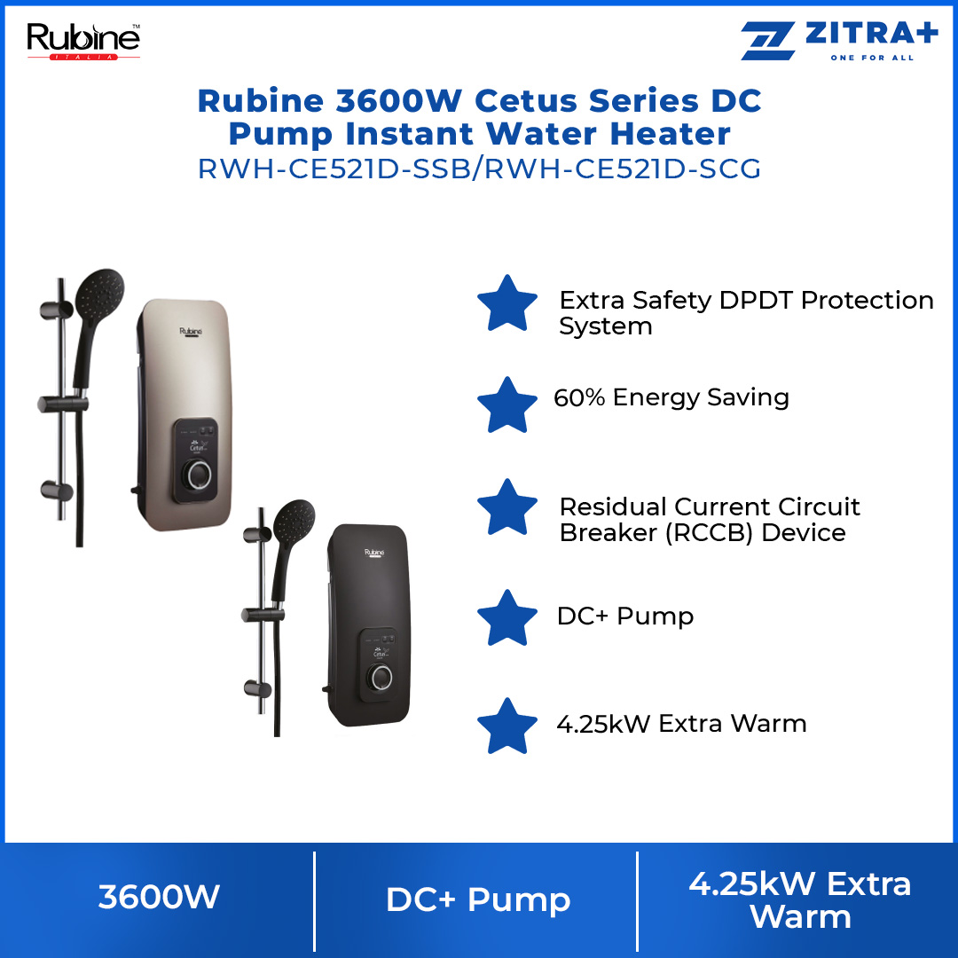 Rubine 3600W Cetus Series DC Pump Instant Water Heater | RWH-CE521D-SCG / CE521D-SSB | 60% Energy Saving | DC+ Pump | Extra Safety DPDT Protection System | Water Heater with 1 Year Warranty