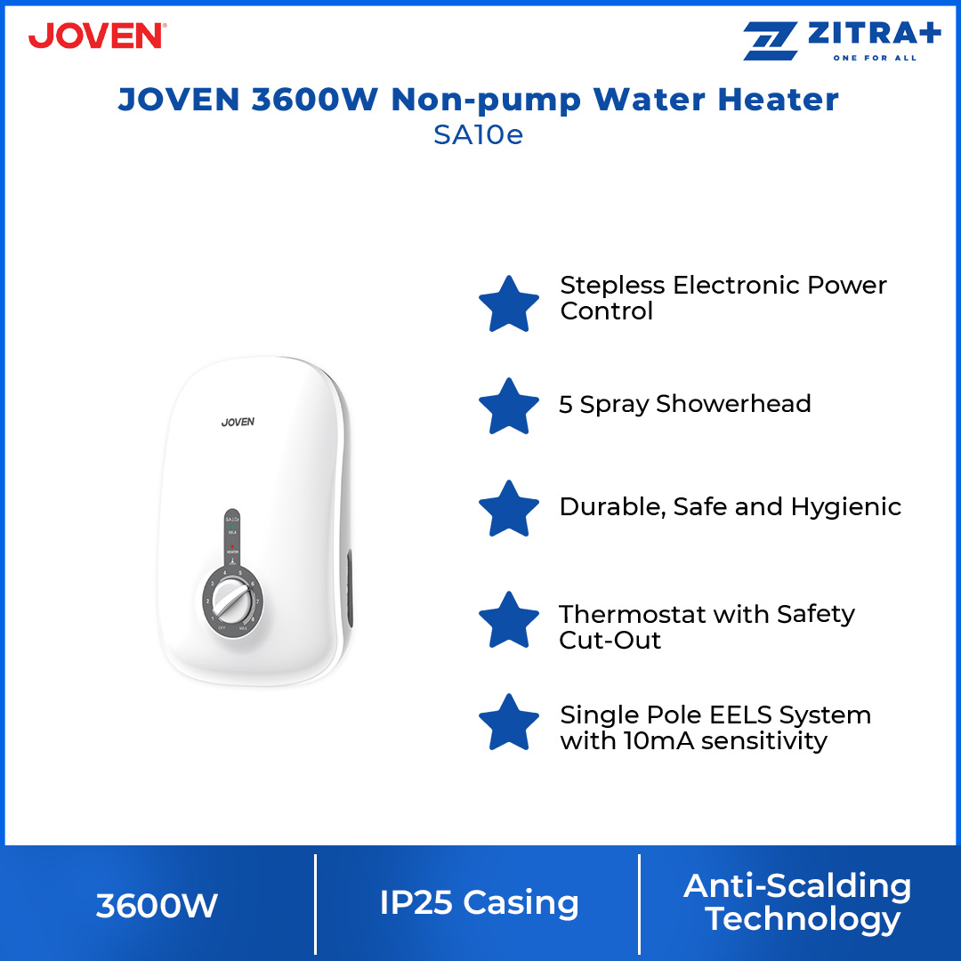 JOVEN 3600W Non-pump Water Heater SA10e | Adjustable Temperature | High Protection Against Water Splash | SFS Technology | Water Heater with 1 Year Warranty