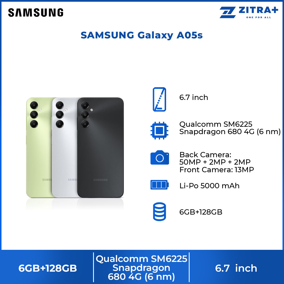 SAMSUNG Galaxy A05s 6GB+128GB | 6.7" FHD+ Display | 50MP Camera | 5,000mAh(typical) Battery | Octa Core Processor | Smartphone with 1 Year Warranty