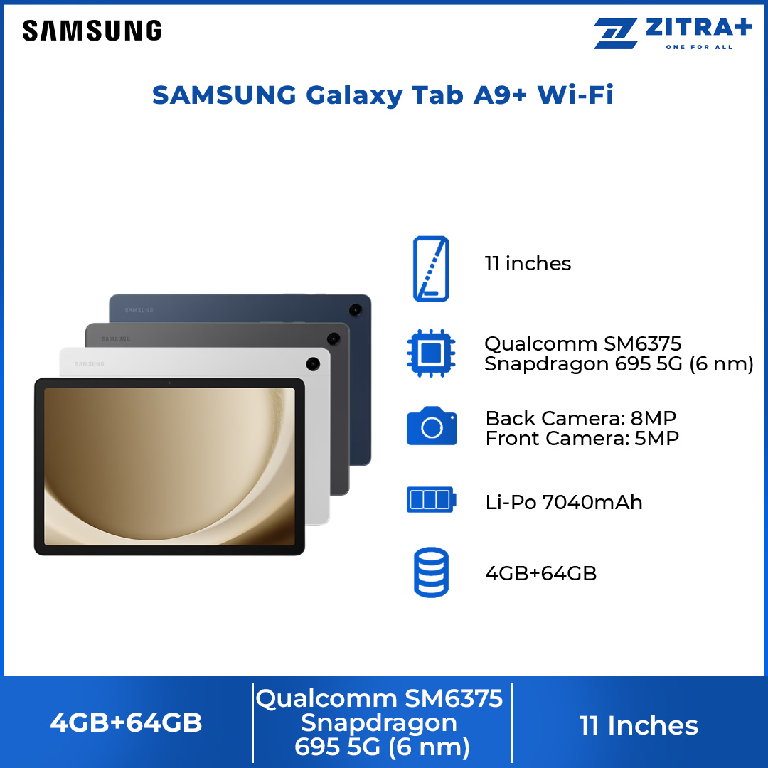 SAMSUNG Galaxy Tab A9+ Wi-Fi 4GB+64GB | 11.0 Display | 8MP Main Camera | 7040mAh Battery | Multi-Tasking | Dolby Atmos | Tablet with 1 Year Warranty