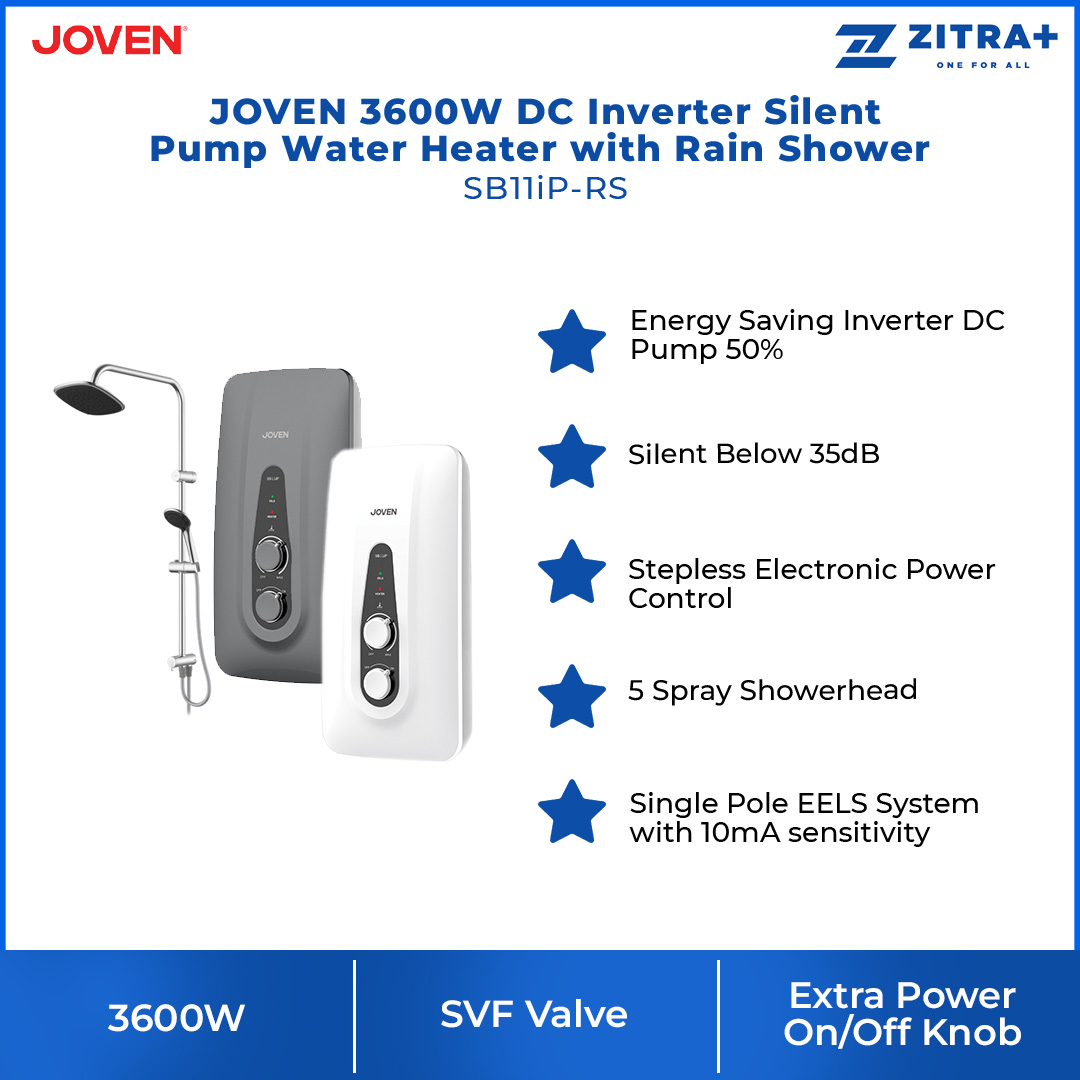 JOVEN 3600W DC Inverter Silent Pump Water Heater with Rain Shower SB11iP-RS | 5 Spray Showerhead | SFS Technology | Durable Copper Heating Element | Water Heater with 1 Year Warranty