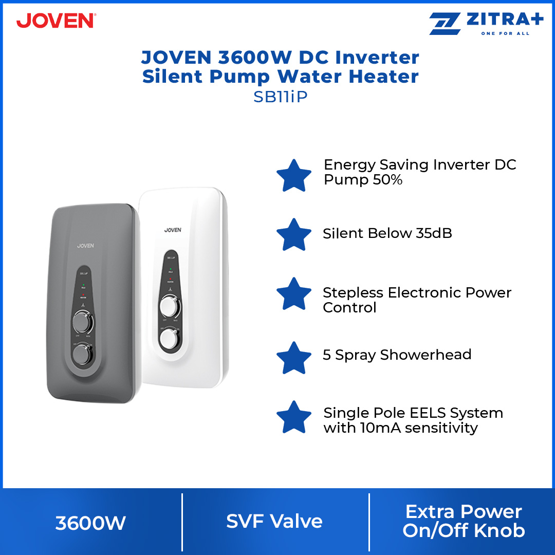 JOVEN 3600W DC Inverter Silent Pump Water Heater SB11iP | 5 Spray Showerhead | SFS Technology | Durable Copper Heating Element | Water Heater with 1 Year Warranty