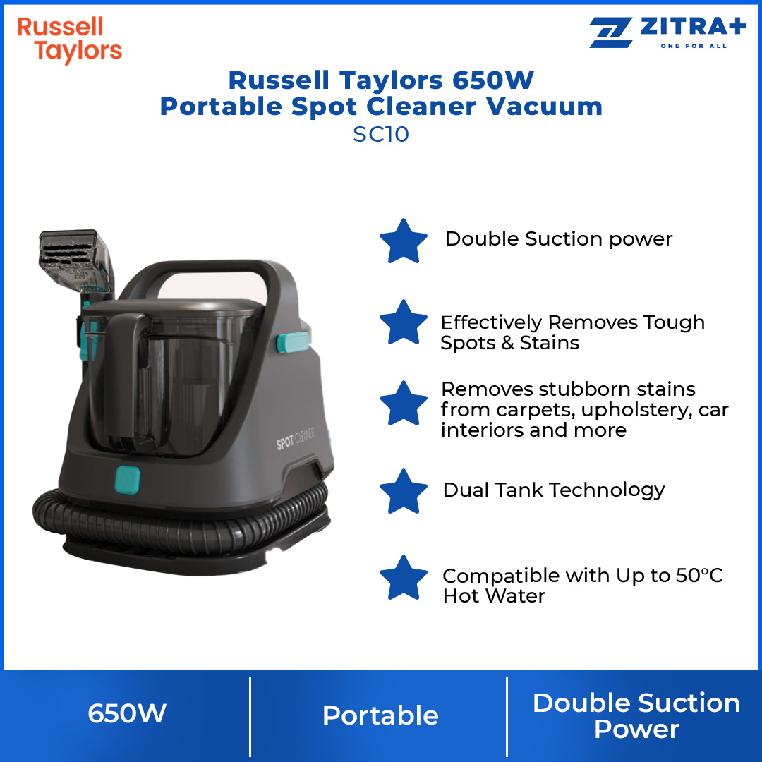 Russell Taylors 650W Portable Spot Cleaner Vacuum SC10 | Double Suction Power | Dual Tank Technology | Effectively Removes Tough Spots & Stains | Vacuum with 2 Year Warranty