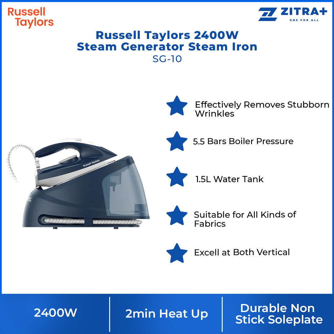 Russell Taylors 2400W Steam Generator Steam Iron Blue SG-10 | Effectively Removes Stubborn Wrinkles | 1.5L Water Tank | 2min Heat Up | Iron with 2 Year Warranty